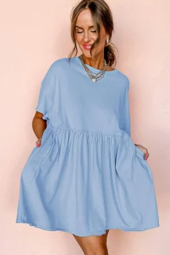 Clearance Dear-Lover Solid Color Pocketed Raw Edge Babydoll Dress Sky Blue
