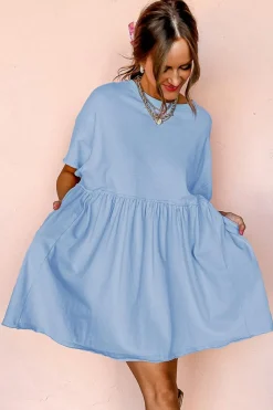 Clearance Dear-Lover Solid Color Pocketed Raw Edge Babydoll Dress Sky Blue