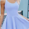 Discount Dear-Lover Solid Crisscross Open Back Ruffled Active Dress Sky Blue