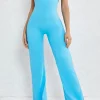 Discount Dear-Lover Solid Cut Out Backless Wide Leg Yoga Jumpsuit Sky Blue