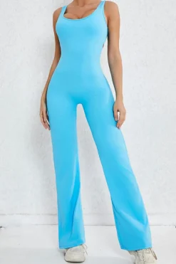 Discount Dear-Lover Solid Cut Out Backless Wide Leg Yoga Jumpsuit Sky Blue