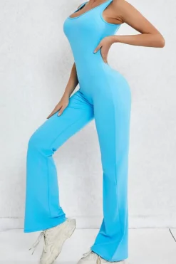Discount Dear-Lover Solid Cut Out Backless Wide Leg Yoga Jumpsuit Sky Blue
