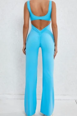 Discount Dear-Lover Solid Cut Out Backless Wide Leg Yoga Jumpsuit Sky Blue