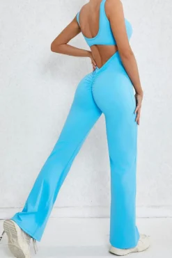 Discount Dear-Lover Solid Cut Out Backless Wide Leg Yoga Jumpsuit Sky Blue