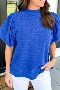 Fashion Dear-Lover Solid Textured Puff Sleeve Mock Neck Blouse Sky Blue