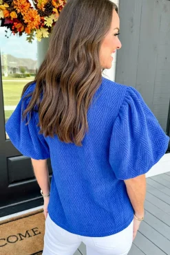 Fashion Dear-Lover Solid Textured Puff Sleeve Mock Neck Blouse Sky Blue
