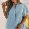 Discount Dear-Lover Split V Neck Oversized Denim Blouse Sky Blue