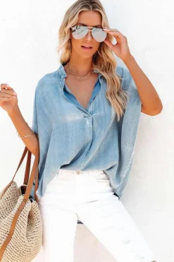 Discount Dear-Lover Split V Neck Oversized Denim Blouse Sky Blue