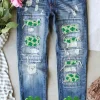 Fashion Dear-Lover St. Patricks Clover Patchwork Sequin Distressed Jeans Sky Blue