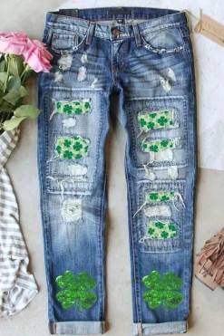 Fashion Dear-Lover St. Patricks Clover Patchwork Sequin Distressed Jeans Sky Blue