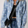 Online Dear-Lover Star Print Light Wash Raw Hem Denim Jacket Sky Blue
