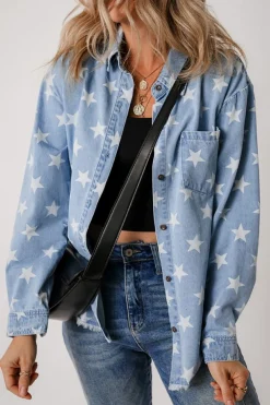 Online Dear-Lover Star Print Light Wash Raw Hem Denim Jacket Sky Blue