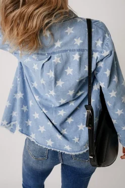 Online Dear-Lover Star Print Light Wash Raw Hem Denim Jacket Sky Blue