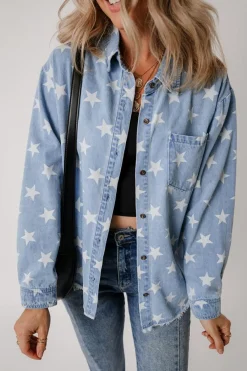 Online Dear-Lover Star Print Light Wash Raw Hem Denim Jacket Sky Blue