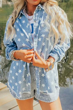 Online Dear-Lover Star Print Light Wash Raw Hem Denim Jacket Sky Blue