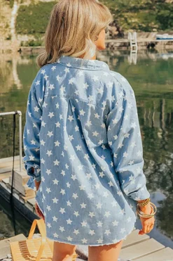 Online Dear-Lover Star Print Light Wash Raw Hem Denim Jacket Sky Blue