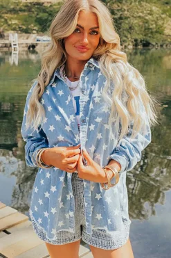 Online Dear-Lover Star Print Light Wash Raw Hem Denim Jacket Sky Blue