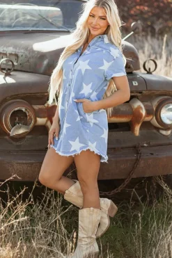 Clearance Dear-Lover Stars Frayed Hem Collared Short Sleeve Denim Dress Sky Blue
