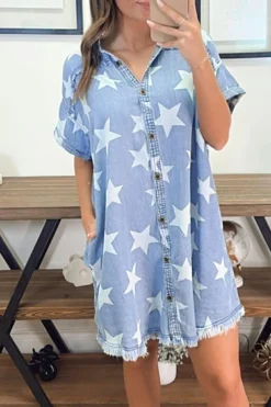 Clearance Dear-Lover Stars Frayed Hem Collared Short Sleeve Denim Dress Sky Blue