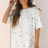 Best Dear-Lover Stars Print Drop Shoulder Oversized T Shirt with Slits Sky Blue