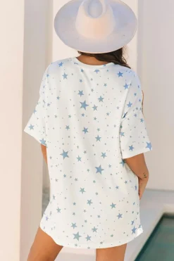 Best Dear-Lover Stars Print Drop Shoulder Oversized T Shirt with Slits Sky Blue