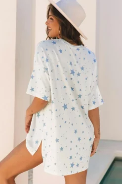 Best Dear-Lover Stars Print Drop Shoulder Oversized T Shirt with Slits Sky Blue