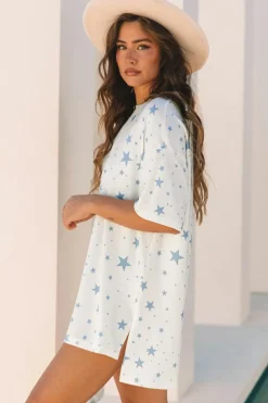 Best Dear-Lover Stars Print Drop Shoulder Oversized T Shirt with Slits Sky Blue