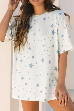 Best Dear-Lover Stars Print Drop Shoulder Oversized T Shirt with Slits Sky Blue