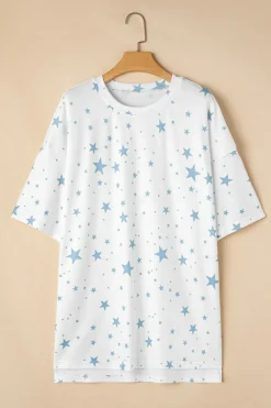 Best Dear-Lover Stars Print Drop Shoulder Oversized T Shirt with Slits Sky Blue