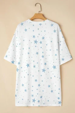 Best Dear-Lover Stars Print Drop Shoulder Oversized T Shirt with Slits Sky Blue