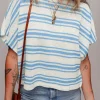 Fashion Dear-Lover Boxy Fit Wide Sleeve Sweater T Shirt Sky Blue Stripe