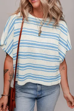 Fashion Dear-Lover Boxy Fit Wide Sleeve Sweater T Shirt Sky Blue Stripe