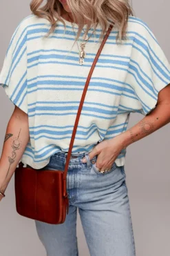 Fashion Dear-Lover Boxy Fit Wide Sleeve Sweater T Shirt Sky Blue Stripe