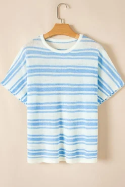Fashion Dear-Lover Boxy Fit Wide Sleeve Sweater T Shirt Sky Blue Stripe