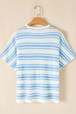 Fashion Dear-Lover Boxy Fit Wide Sleeve Sweater T Shirt Sky Blue Stripe