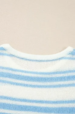 Fashion Dear-Lover Boxy Fit Wide Sleeve Sweater T Shirt Sky Blue Stripe