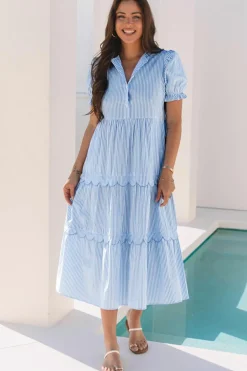 Best Dear-Lover Bubble Short Sleeve Tiered Scallop Long Dress Sky Blue Stripe