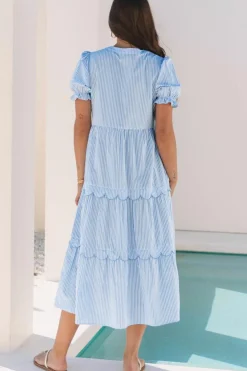 Best Dear-Lover Bubble Short Sleeve Tiered Scallop Long Dress Sky Blue Stripe