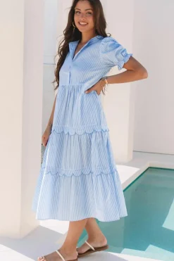 Best Dear-Lover Bubble Short Sleeve Tiered Scallop Long Dress Sky Blue Stripe