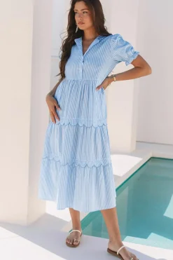 Best Dear-Lover Bubble Short Sleeve Tiered Scallop Long Dress Sky Blue Stripe