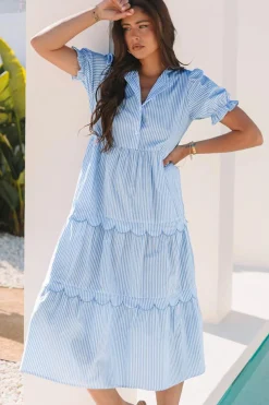 Best Dear-Lover Bubble Short Sleeve Tiered Scallop Long Dress Sky Blue Stripe