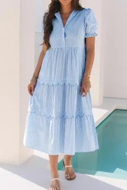Best Dear-Lover Bubble Short Sleeve Tiered Scallop Long Dress Sky Blue Stripe
