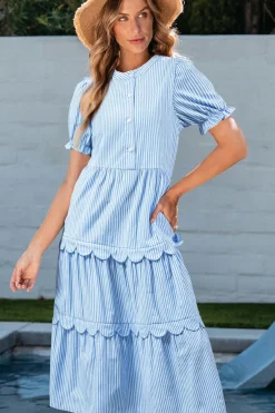 Best Dear-Lover Bubble Short Sleeve Tiered Scallop Long Dress Sky Blue Stripe