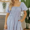 New Dear-Lover Bubble Sleeve Square Neck Ruched Pocketed Babydoll Dress Sky Blue Stripe