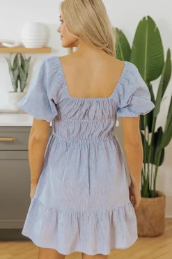 New Dear-Lover Bubble Sleeve Square Neck Ruched Pocketed Babydoll Dress Sky Blue Stripe