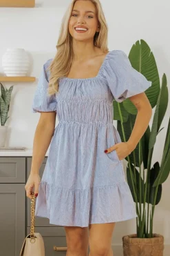 New Dear-Lover Bubble Sleeve Square Neck Ruched Pocketed Babydoll Dress Sky Blue Stripe