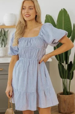 New Dear-Lover Bubble Sleeve Square Neck Ruched Pocketed Babydoll Dress Sky Blue Stripe