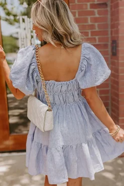 New Dear-Lover Bubble Sleeve Square Neck Ruched Pocketed Babydoll Dress Sky Blue Stripe