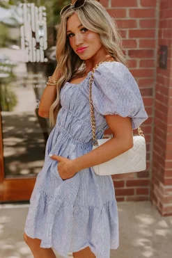 New Dear-Lover Bubble Sleeve Square Neck Ruched Pocketed Babydoll Dress Sky Blue Stripe