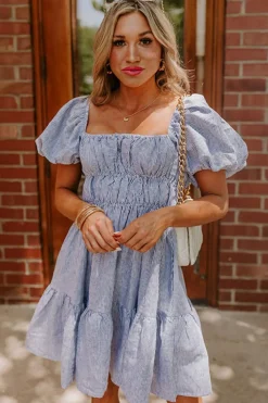 New Dear-Lover Bubble Sleeve Square Neck Ruched Pocketed Babydoll Dress Sky Blue Stripe